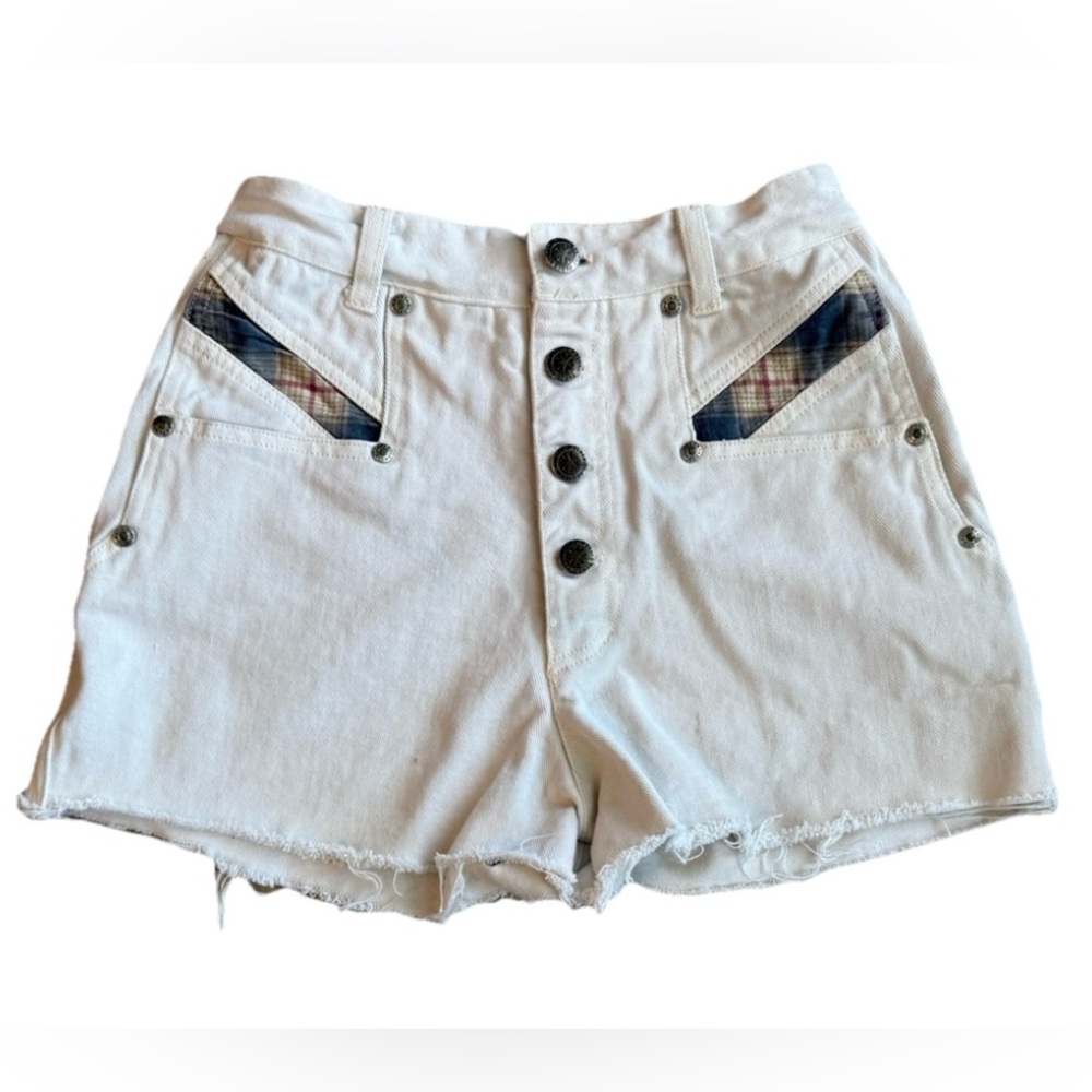 Vintage 90s Y2K Faded Glory Shorts Women's Size 12 White Plaid Denim Western